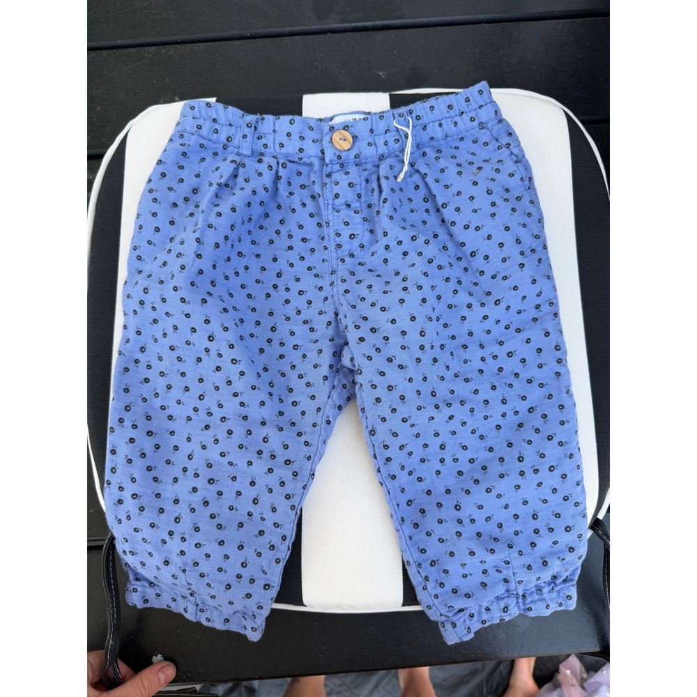 Zara Kids Blue Floral Print Linen Blend Pants 18-24 Months Elastic Waist Boho